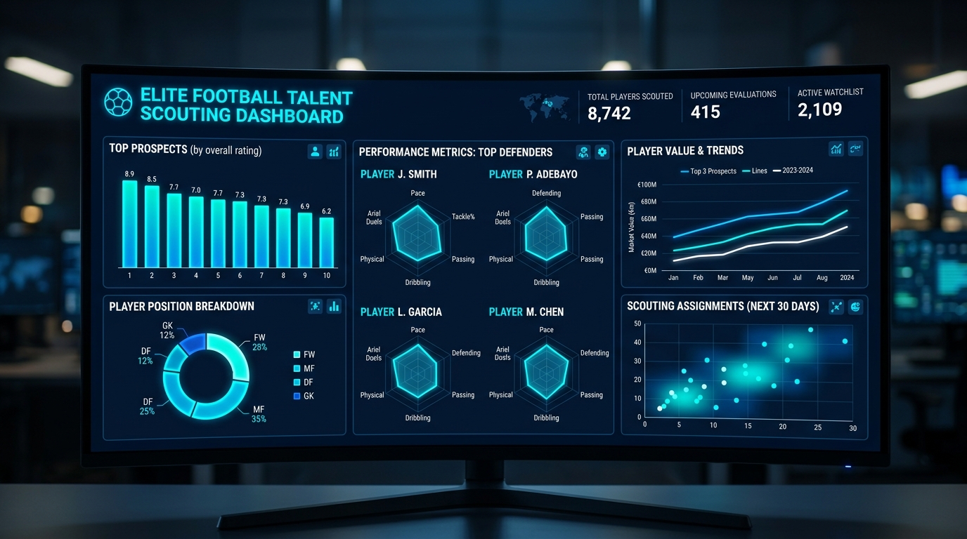 Painel de scouting com gráficos de desempenho dos jogadores